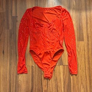 SHEIN Red Mesh Long Sleeve One Piece - Medium